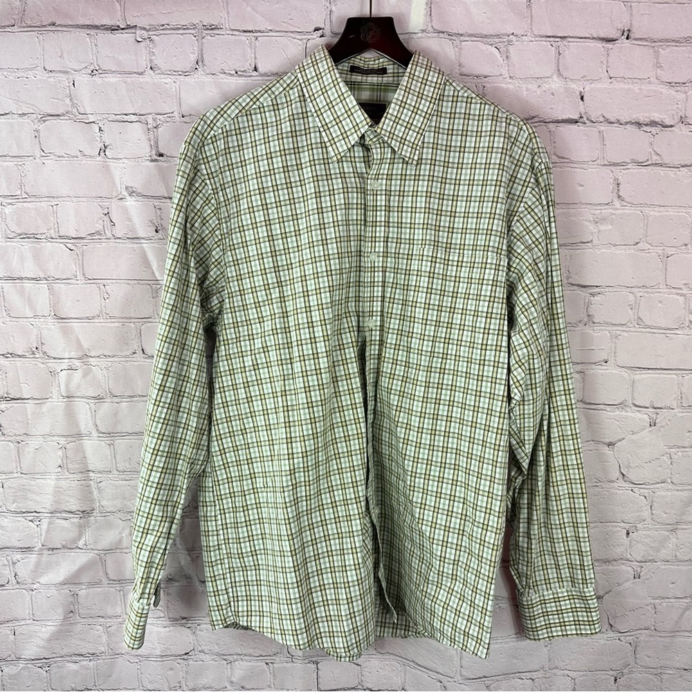 james tattersall Green plaid Checkered Mens XL cotton button up Shirt office